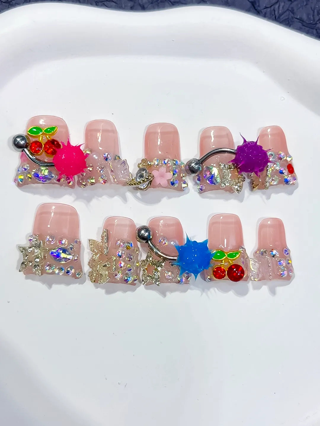 Nude White Blue Pink Red Yellow Abstract Flower Bead 3D press on nails detail view