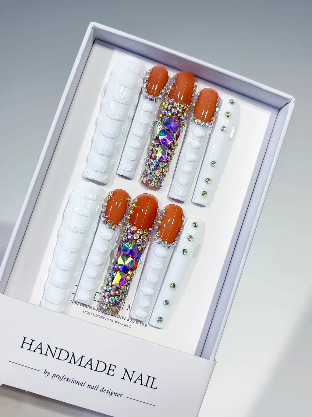 White Orange Silver Solid color Rhinestone Glitter press on nails