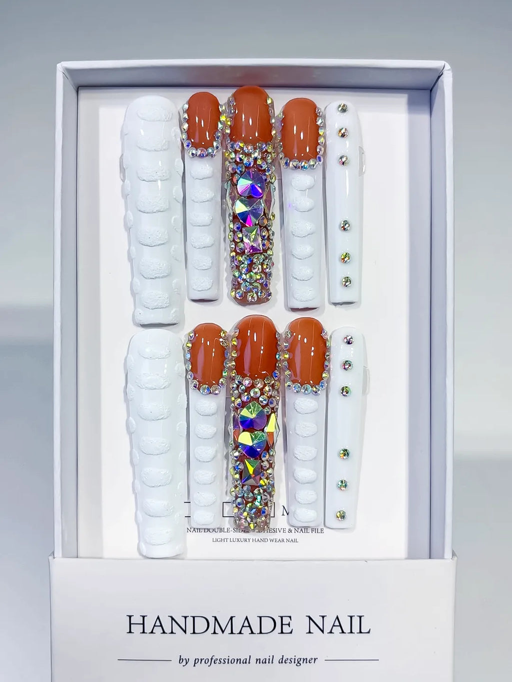 White Orange Silver Solid color Rhinestone Glitter press on nails full set view