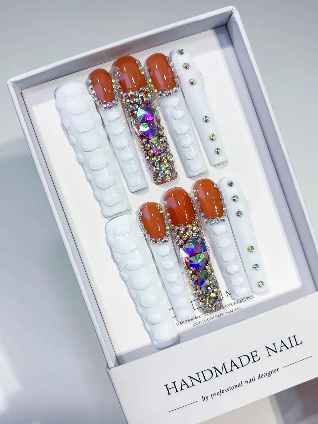 White Orange Silver Solid color Rhinestone Glitter press on nails angled view