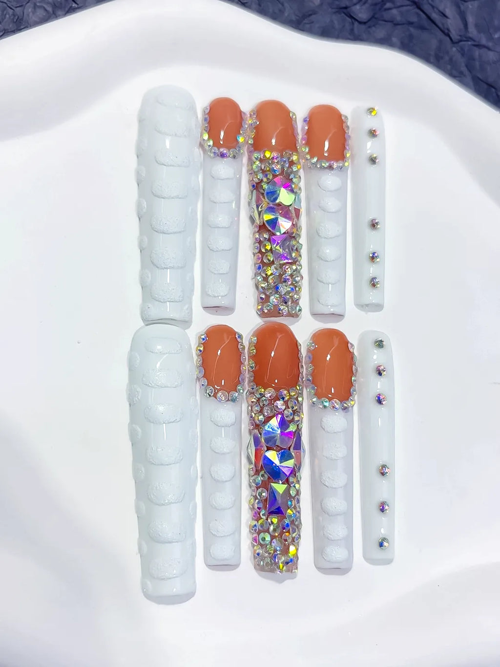 White Orange Silver Solid color Rhinestone Glitter press on nails detail view