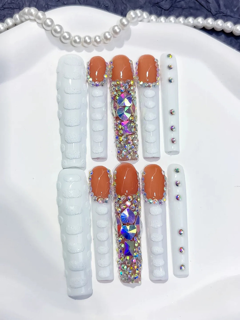 White Orange Silver Solid color Rhinestone Glitter press on nails detail view