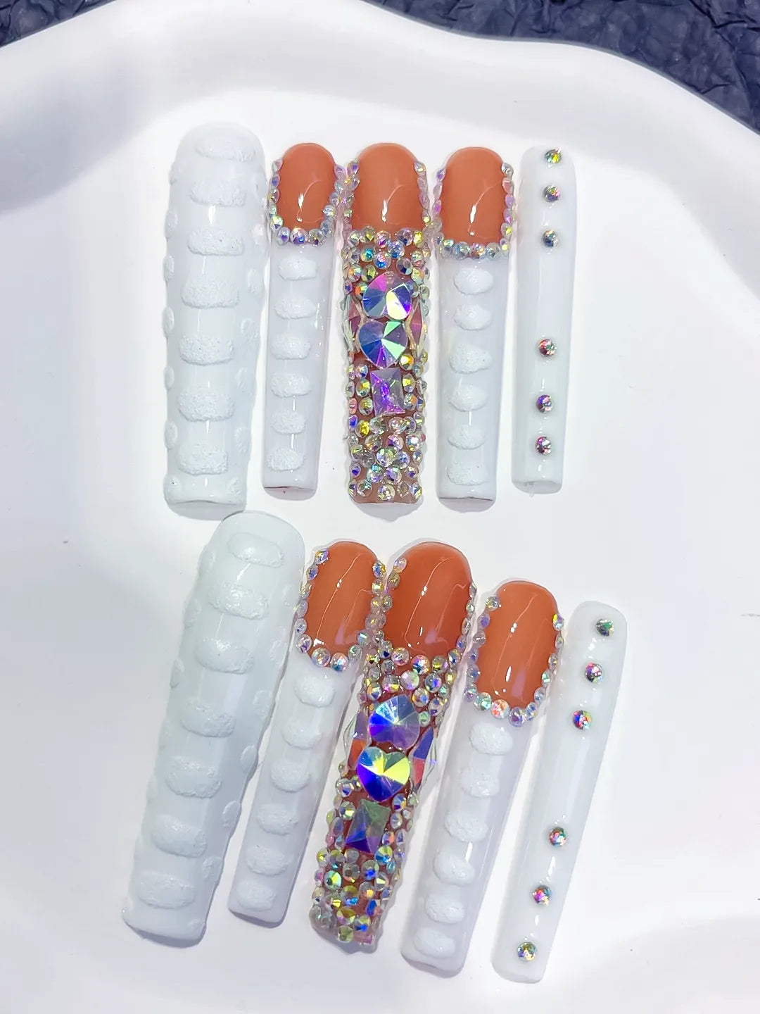 White Orange Silver Solid color Rhinestone Glitter press on nails detail view