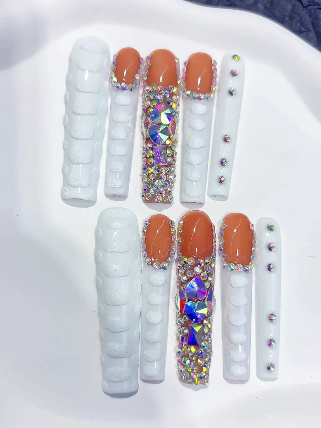 White Orange Silver Solid color Rhinestone Glitter press on nails close up