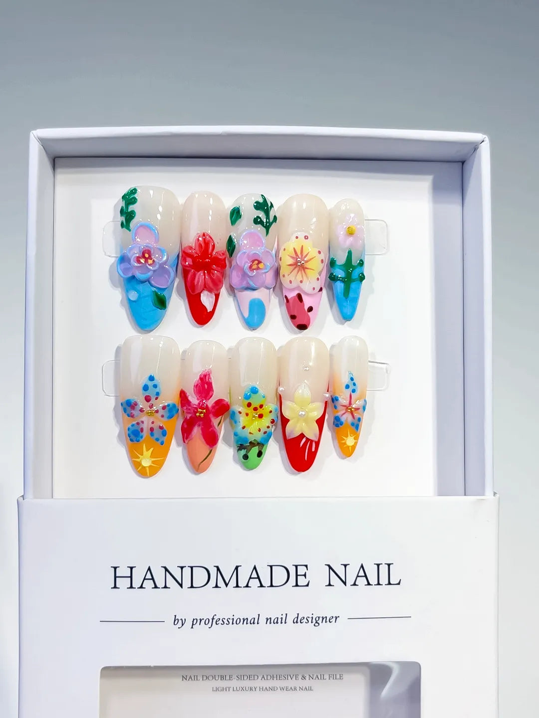 White Blue Pink Red Yellow Green Abstract Flower Fruit 3D press on nails full set view