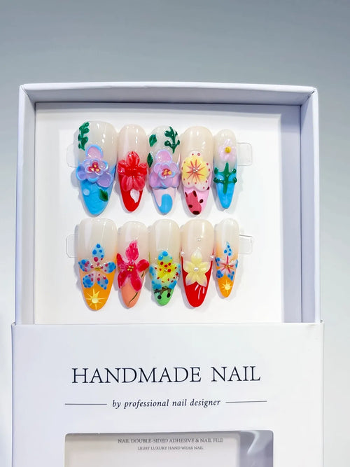 White Blue Pink Red Yellow Green Abstract Flower Fruit 3D press on nails full set view