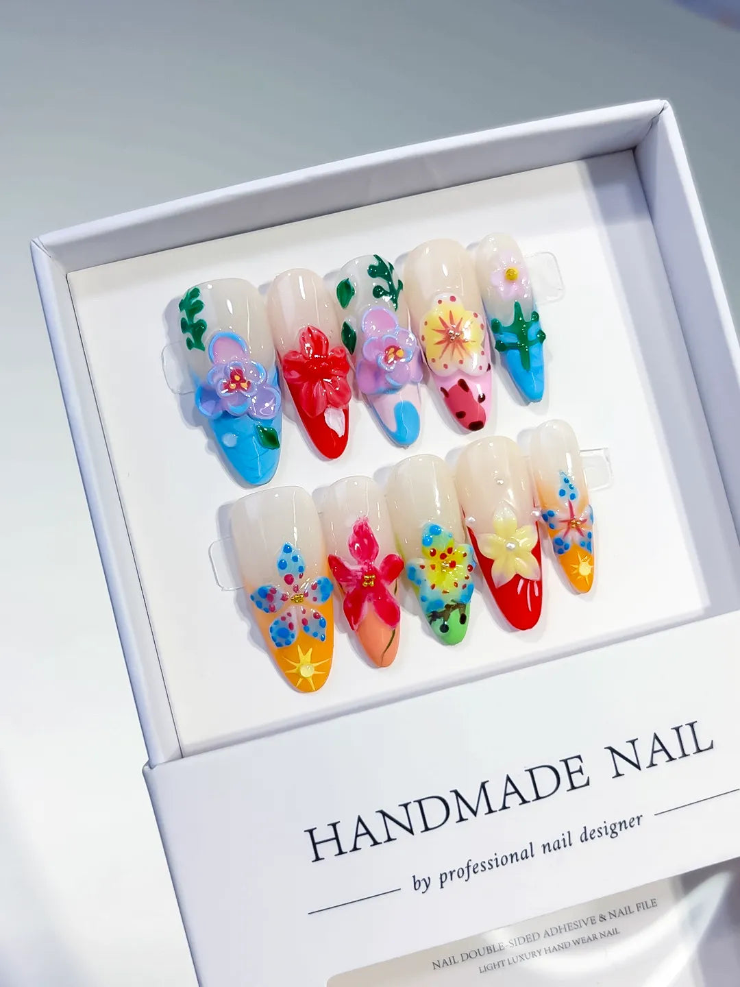 White Blue Pink Red Yellow Green Abstract Flower Fruit 3D press on nails angled view