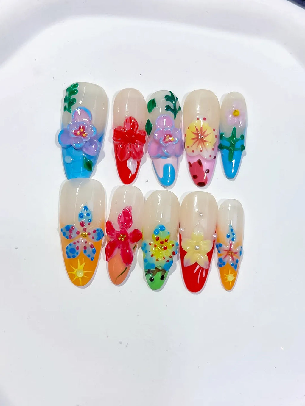 White Blue Pink Red Yellow Green Abstract Flower Fruit 3D press on nails close up
