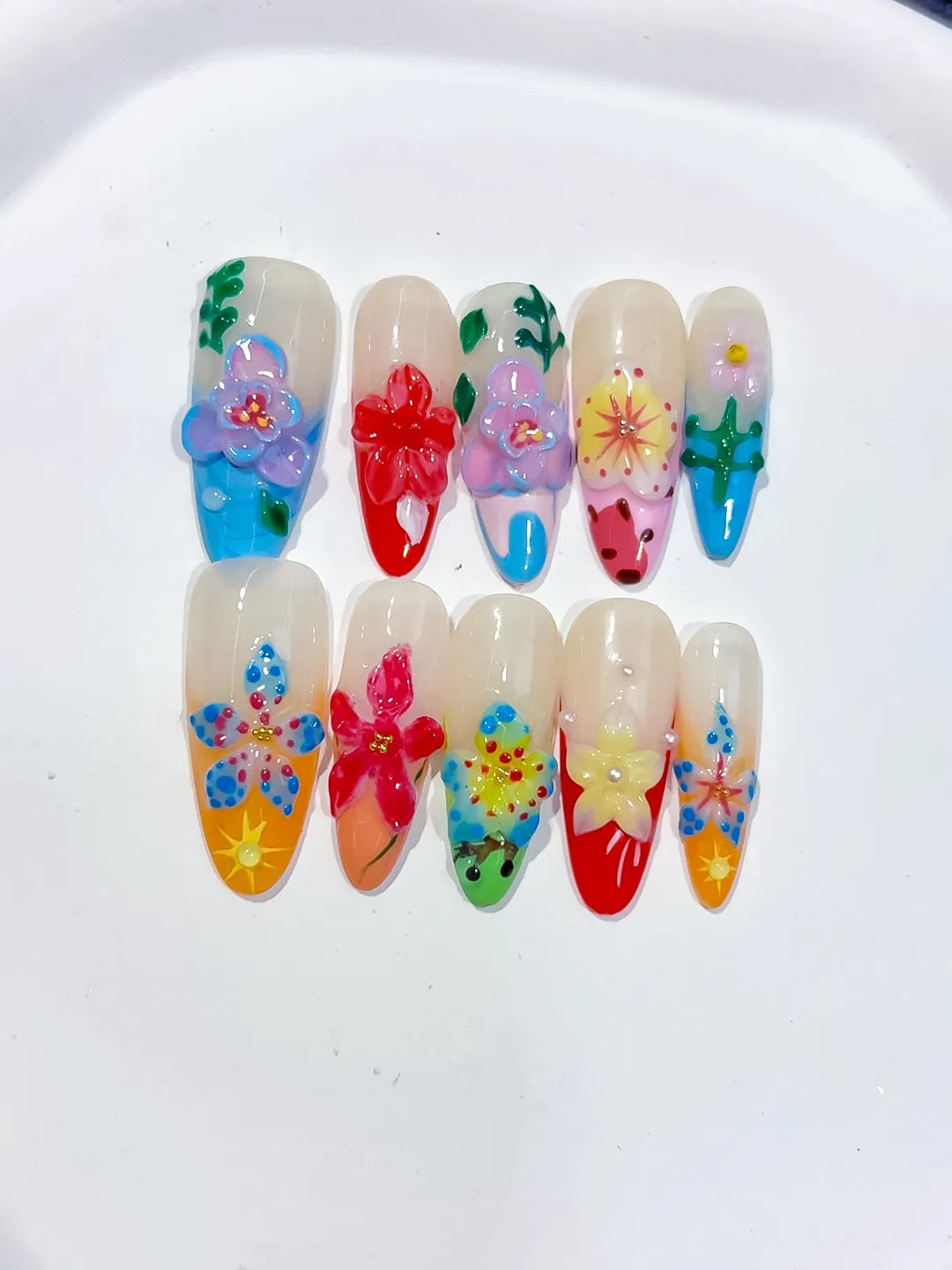 White Blue Pink Red Yellow Green Abstract Flower Fruit 3D press on nails close up