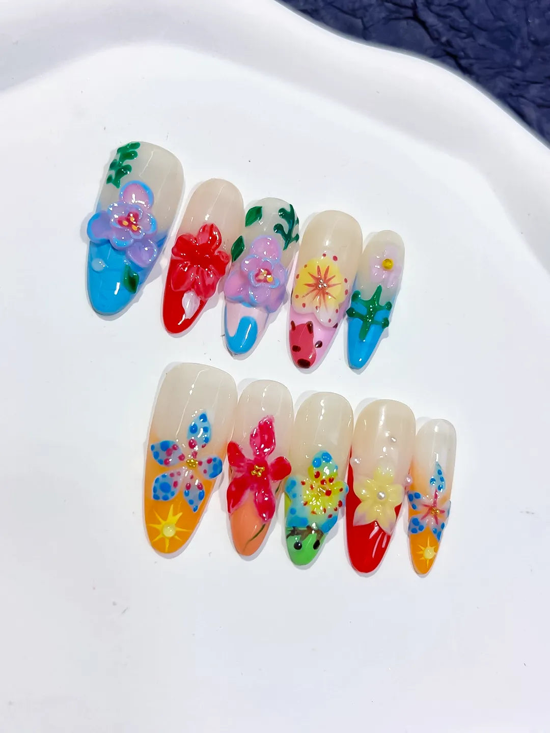 White Blue Pink Red Yellow Green Abstract Flower Fruit 3D press on nails detail view