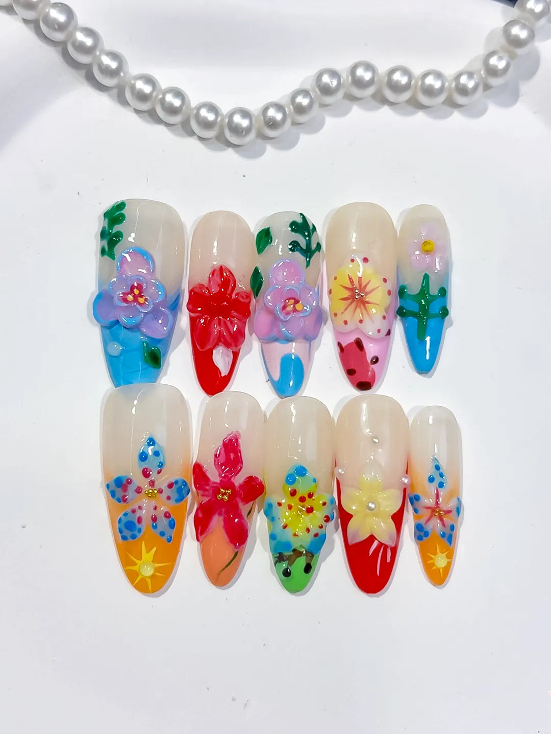 White Blue Pink Red Yellow Green Abstract Flower Fruit 3D press on nails detail view