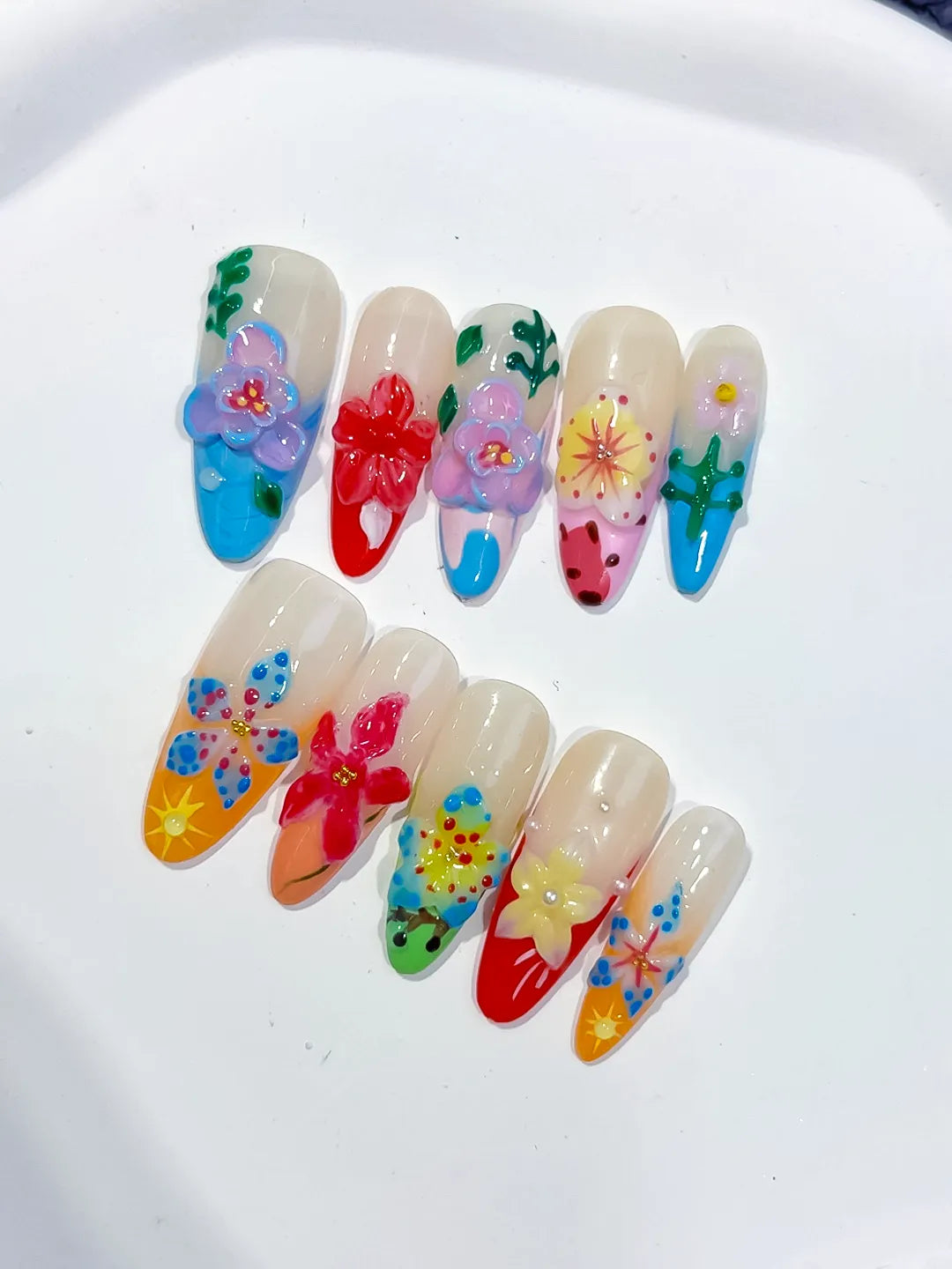 White Blue Pink Red Yellow Green Abstract Flower Fruit 3D press on nails detail view