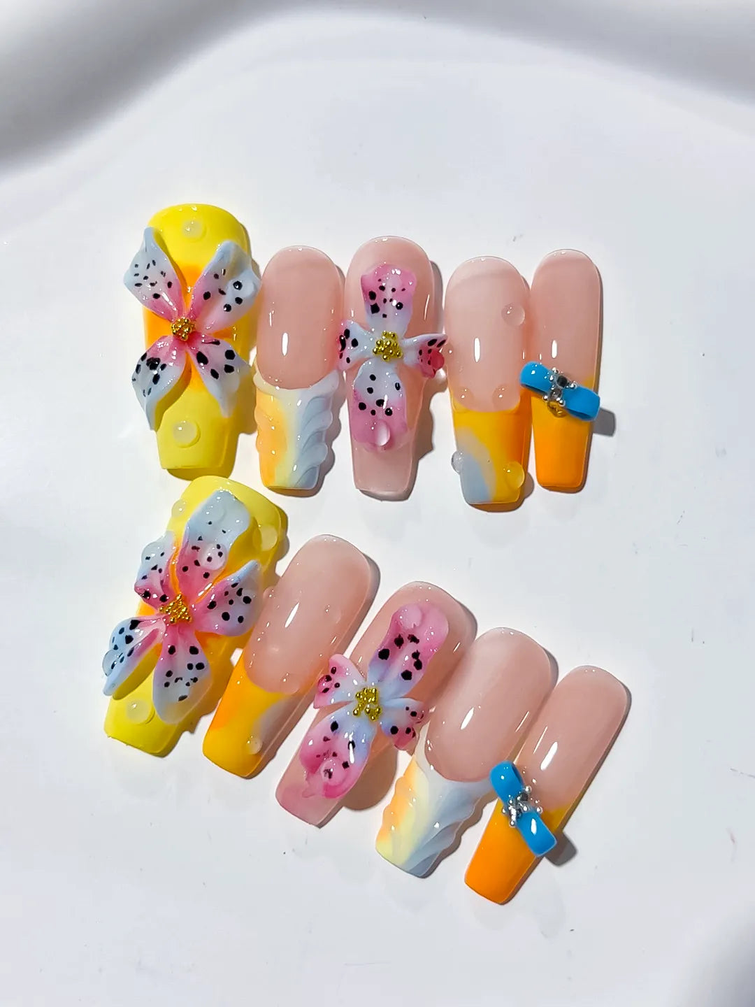 Pink Yellow Blue White Abstract Flower 3D press on nails close up