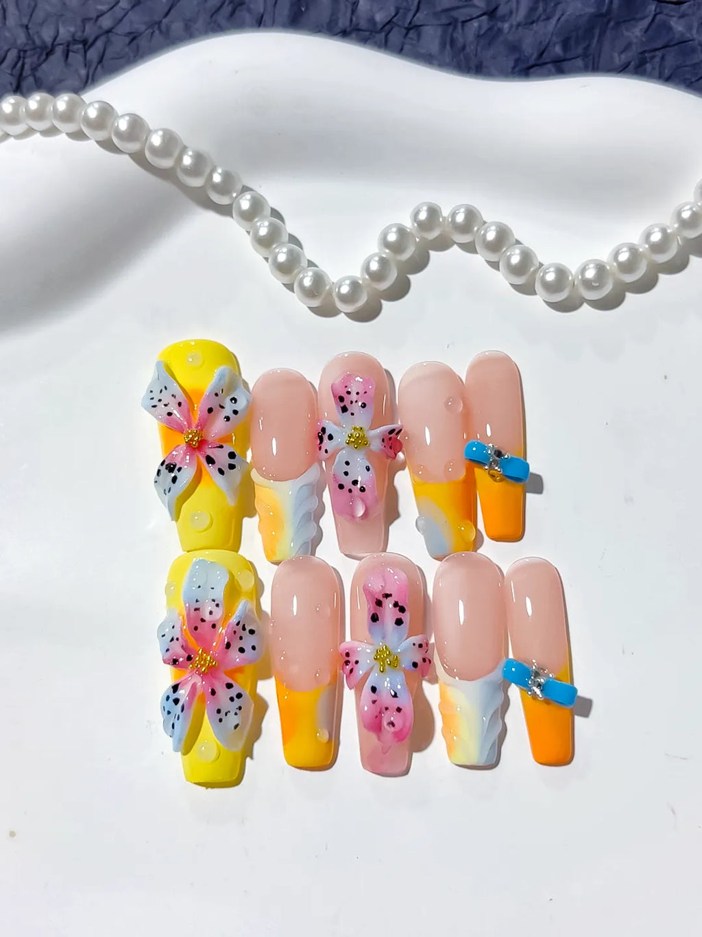 Pink Yellow Blue White Abstract Flower 3D press on nails detail view