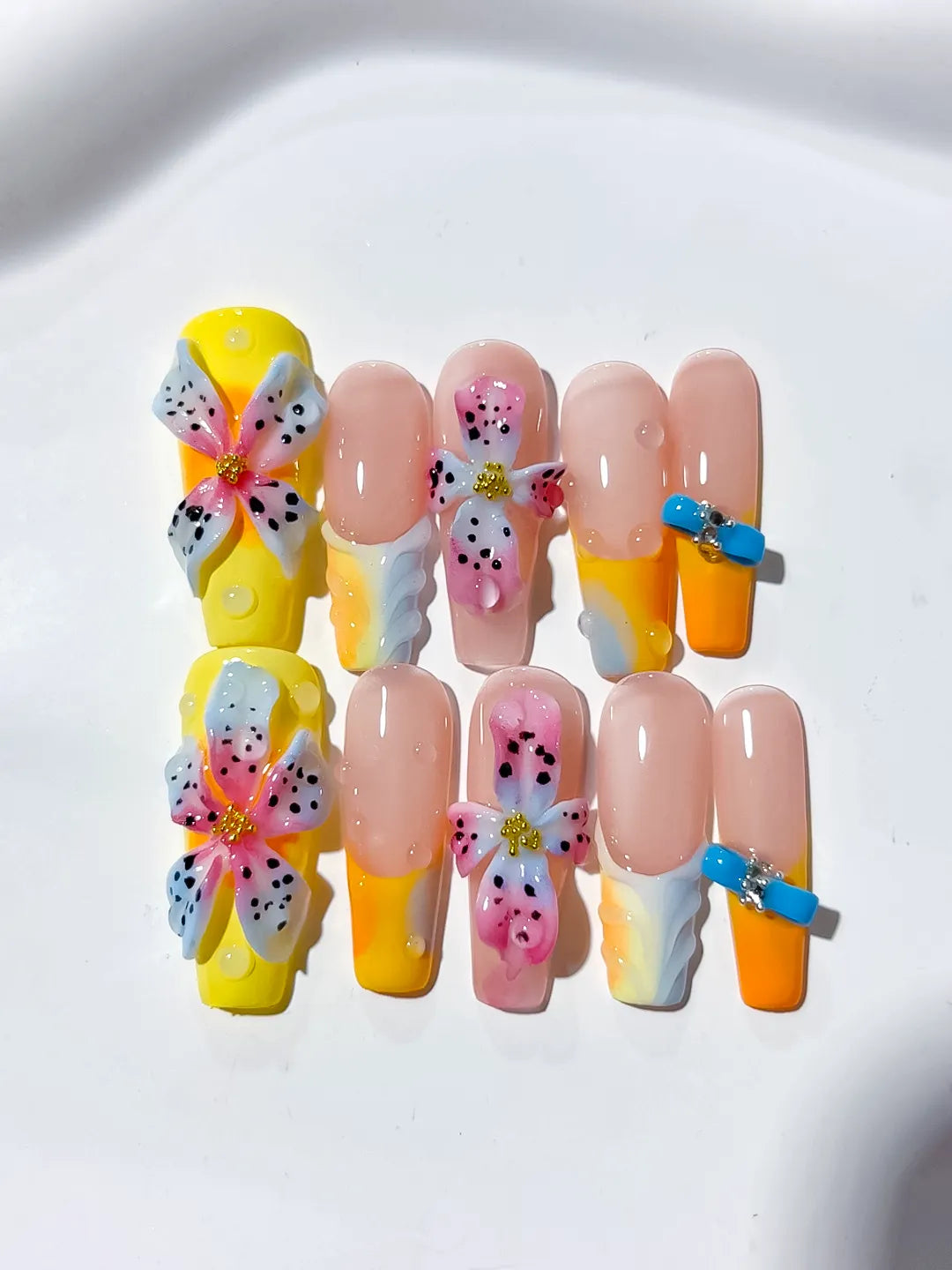 Pink Yellow Blue White Abstract Flower 3D press on nails detail view