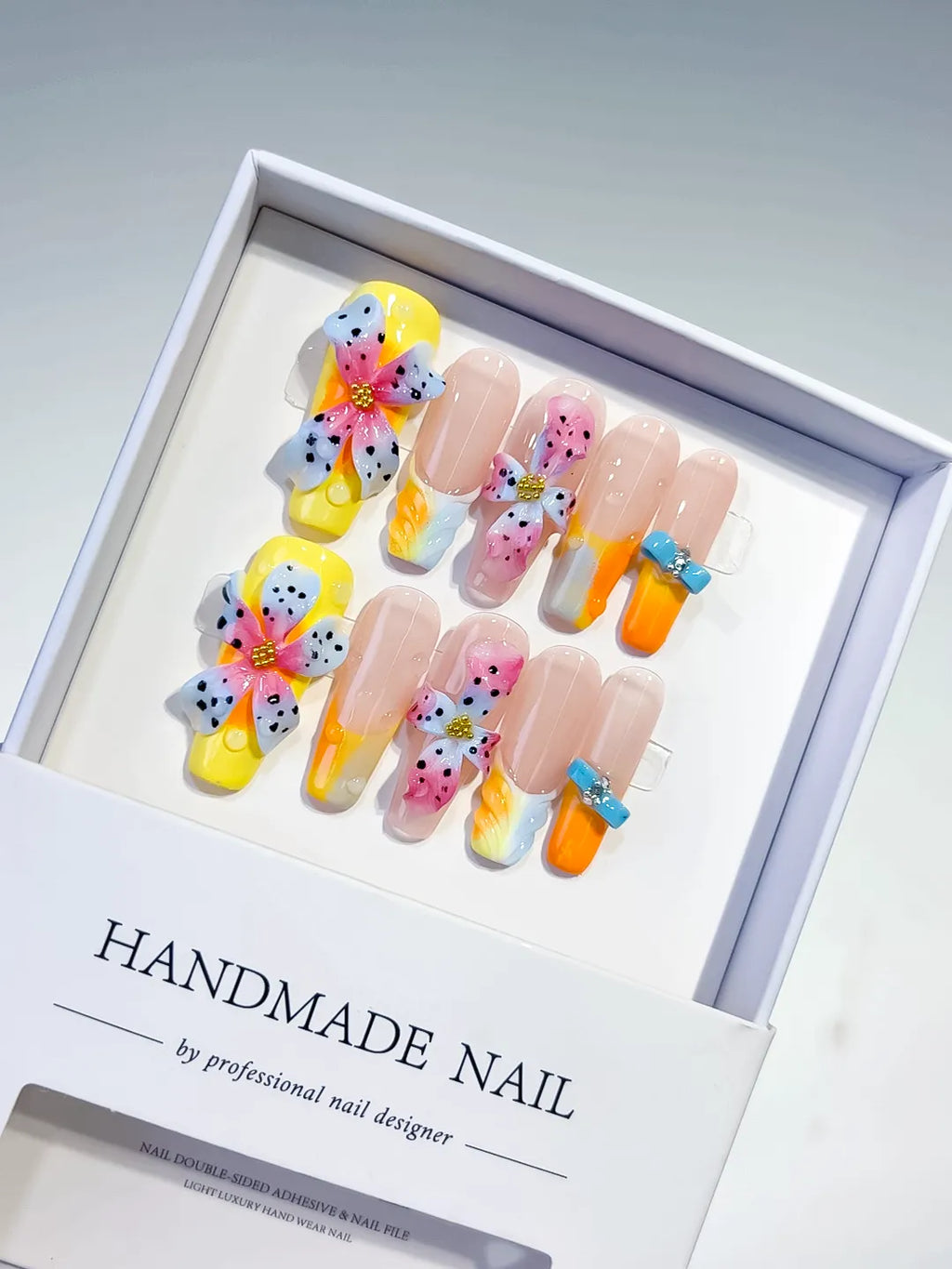 Pink Yellow Blue White Abstract Flower 3D press on nails