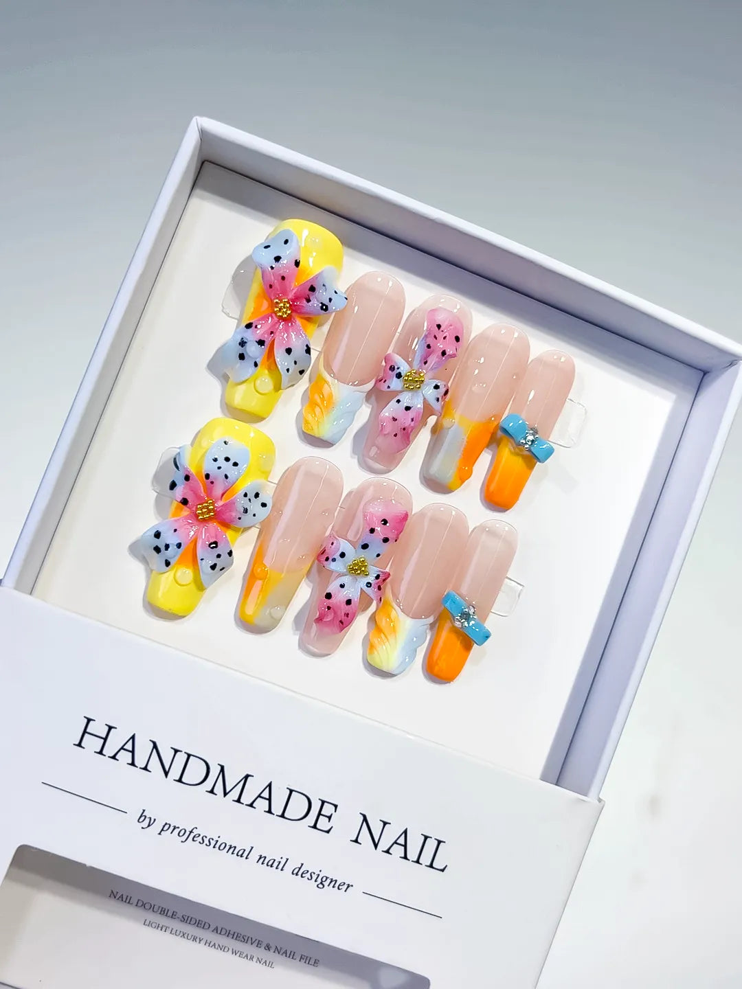 Pink Yellow Blue White Abstract Flower 3D press on nails