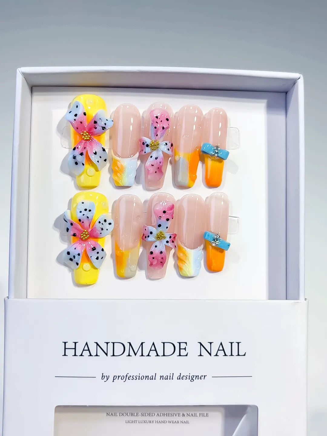 Pink Yellow Blue White Abstract Flower 3D press on nails full set view