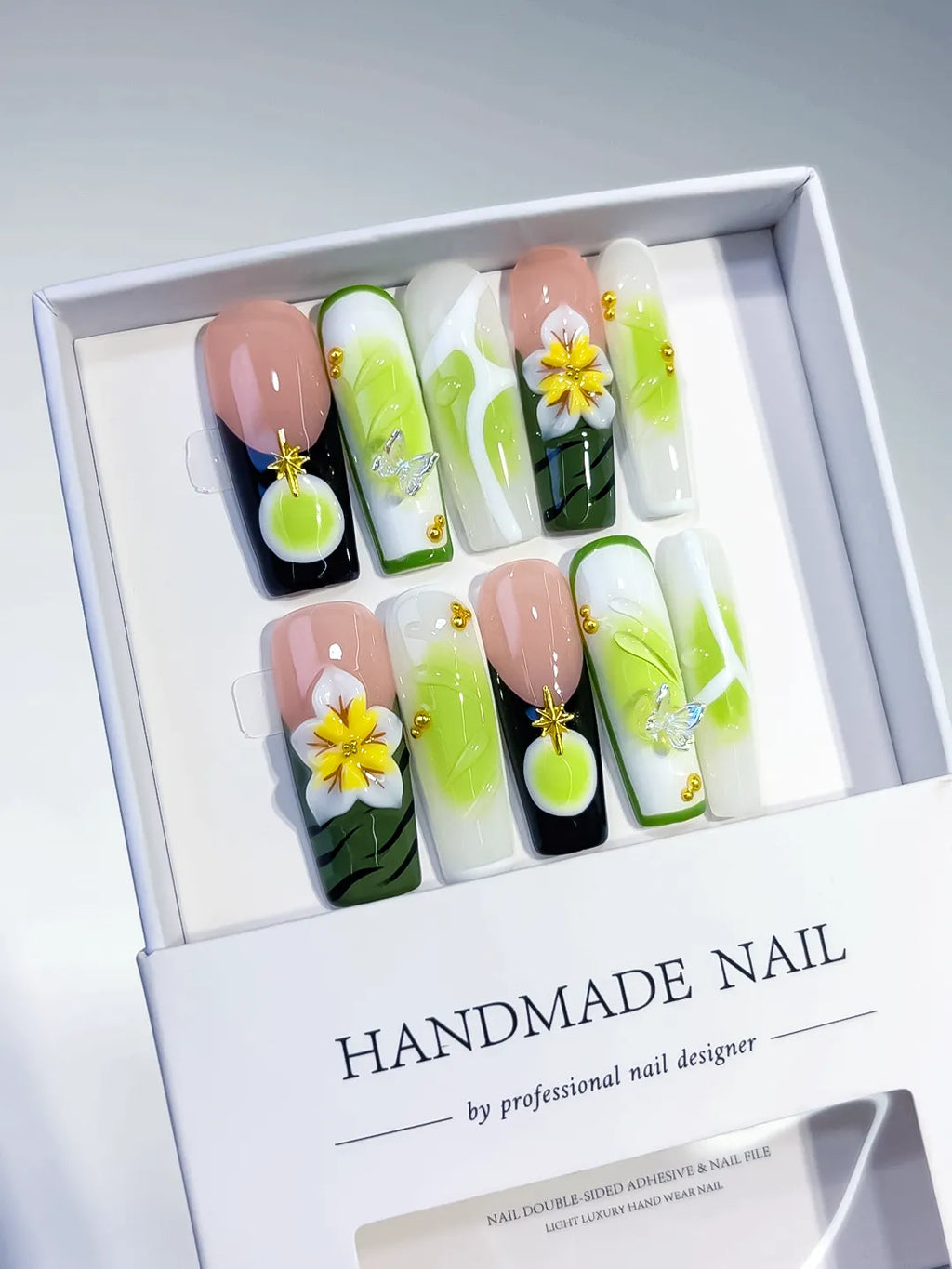 Black White Green Yellow French tip Flower 3D press on nails angled view