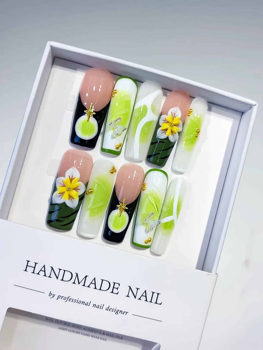 Black White Green Yellow French tip Flower 3D press on nails