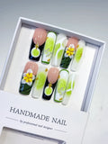 Black White Green Yellow French tip Flower 3D press on nails