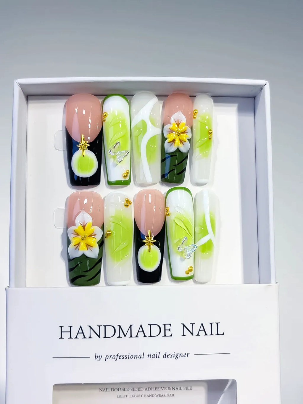 Black White Green Yellow French tip Flower 3D press on nails full set view