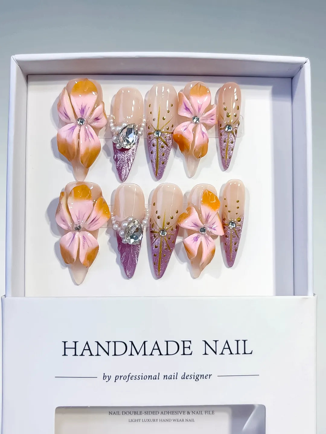 Nude Pink Purple Gold Abstract Flower Rhinestone 3D press on nails full set view