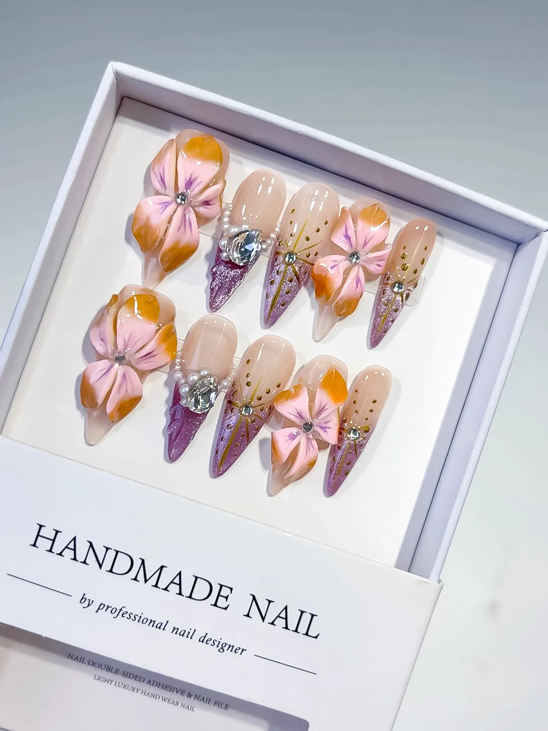 Nude Pink Purple Gold Abstract Flower Rhinestone 3D press on nails