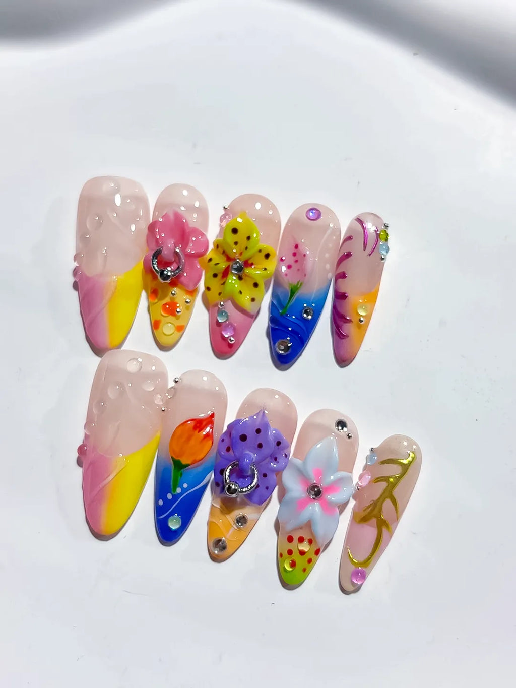 Pink Yellow Blue White Abstract Flower 3D press on nails close up