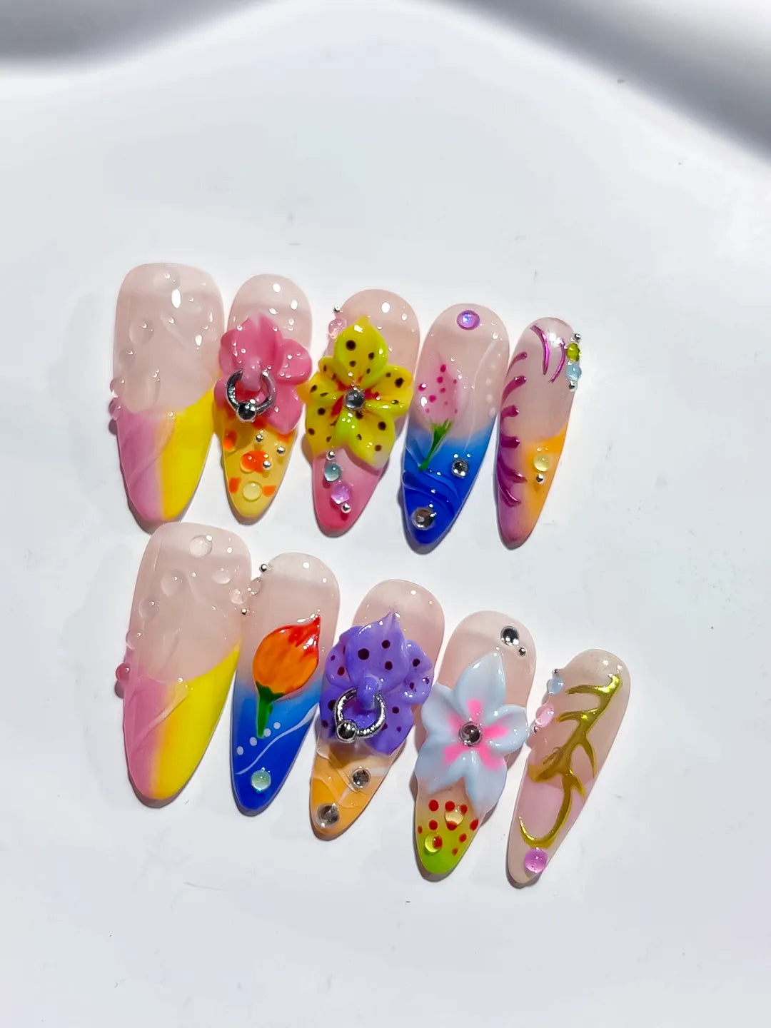 Pink Yellow Blue White Abstract Flower 3D press on nails close up