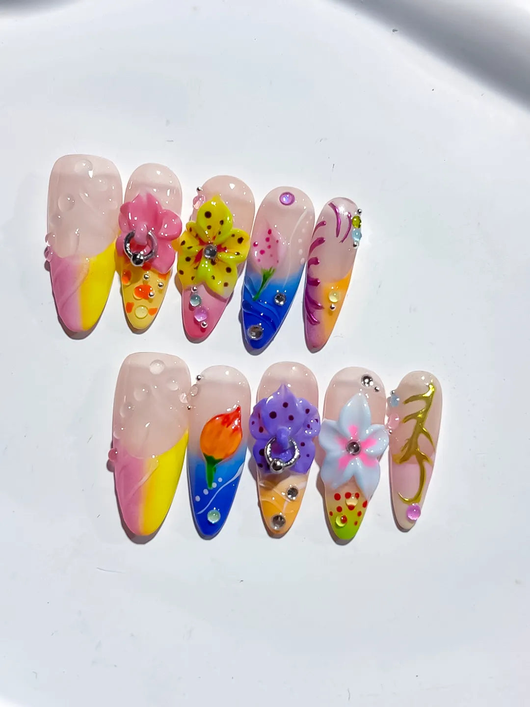 Pink Yellow Blue White Abstract Flower 3D press on nails detail view