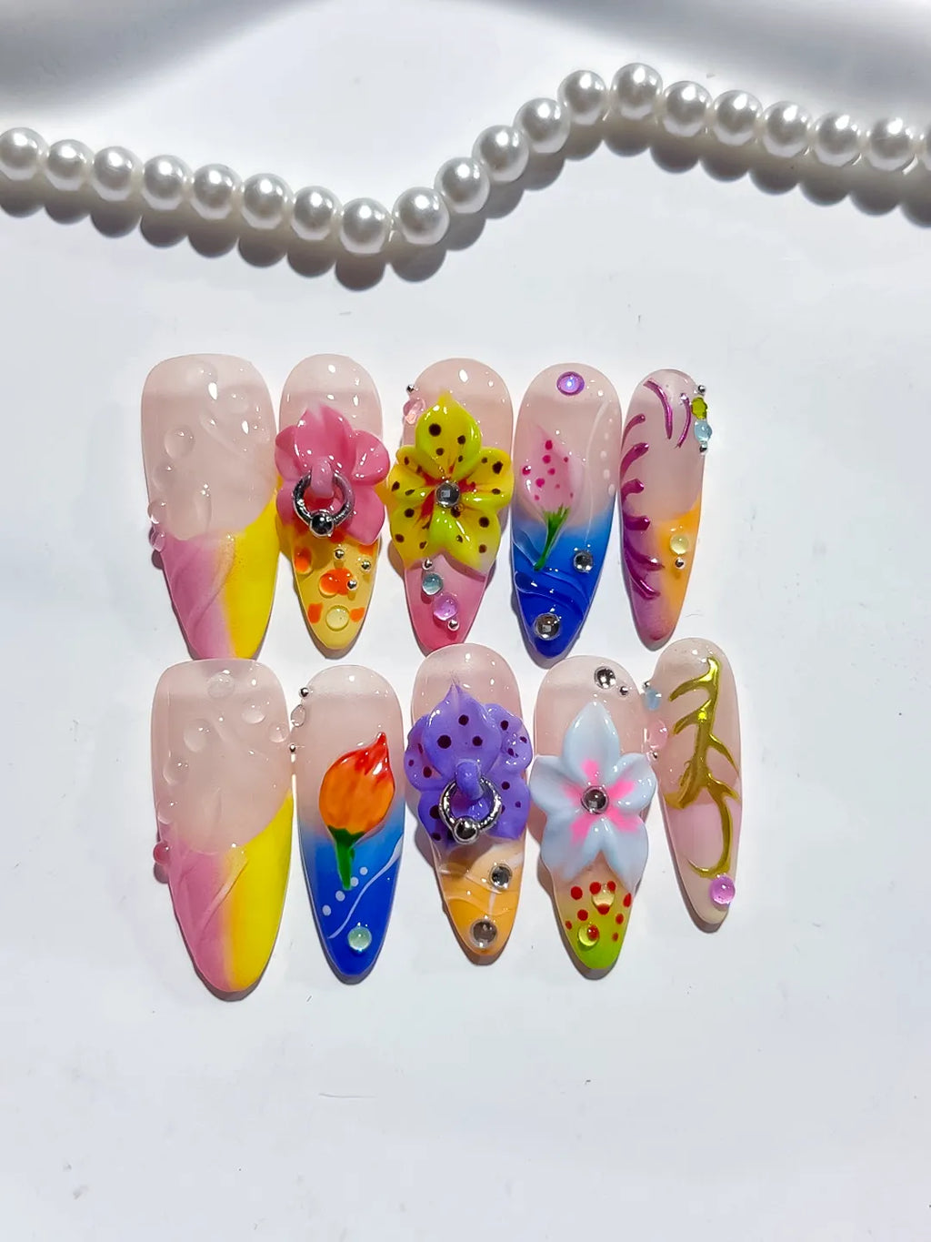 Pink Yellow Blue White Abstract Flower 3D press on nails detail view