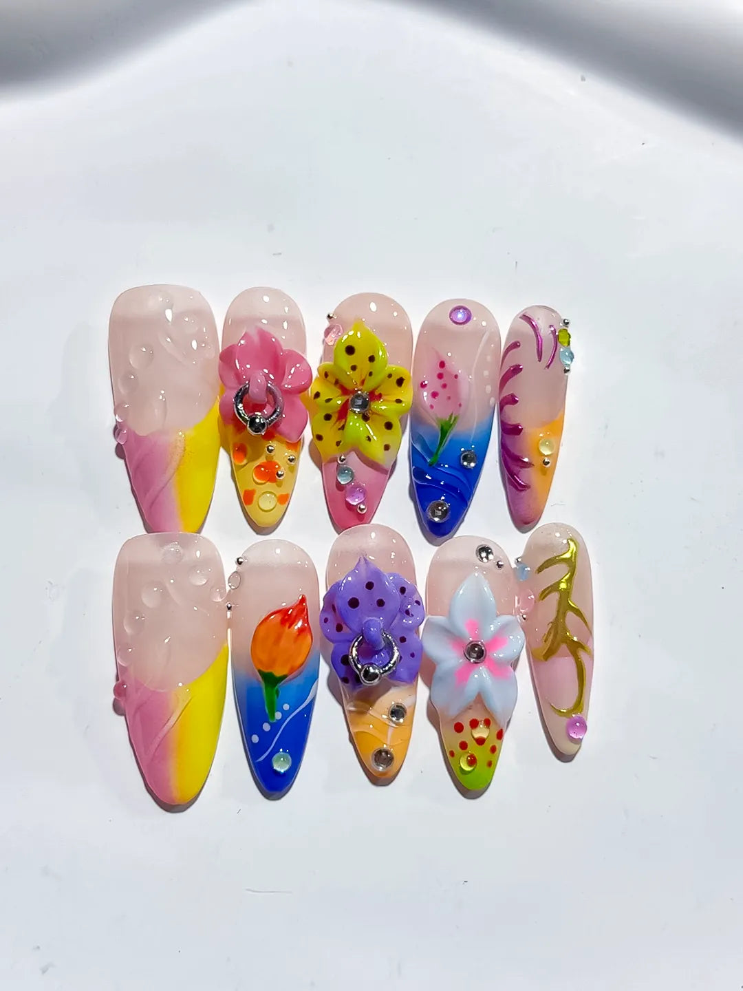 Pink Yellow Blue White Abstract Flower 3D press on nails detail view