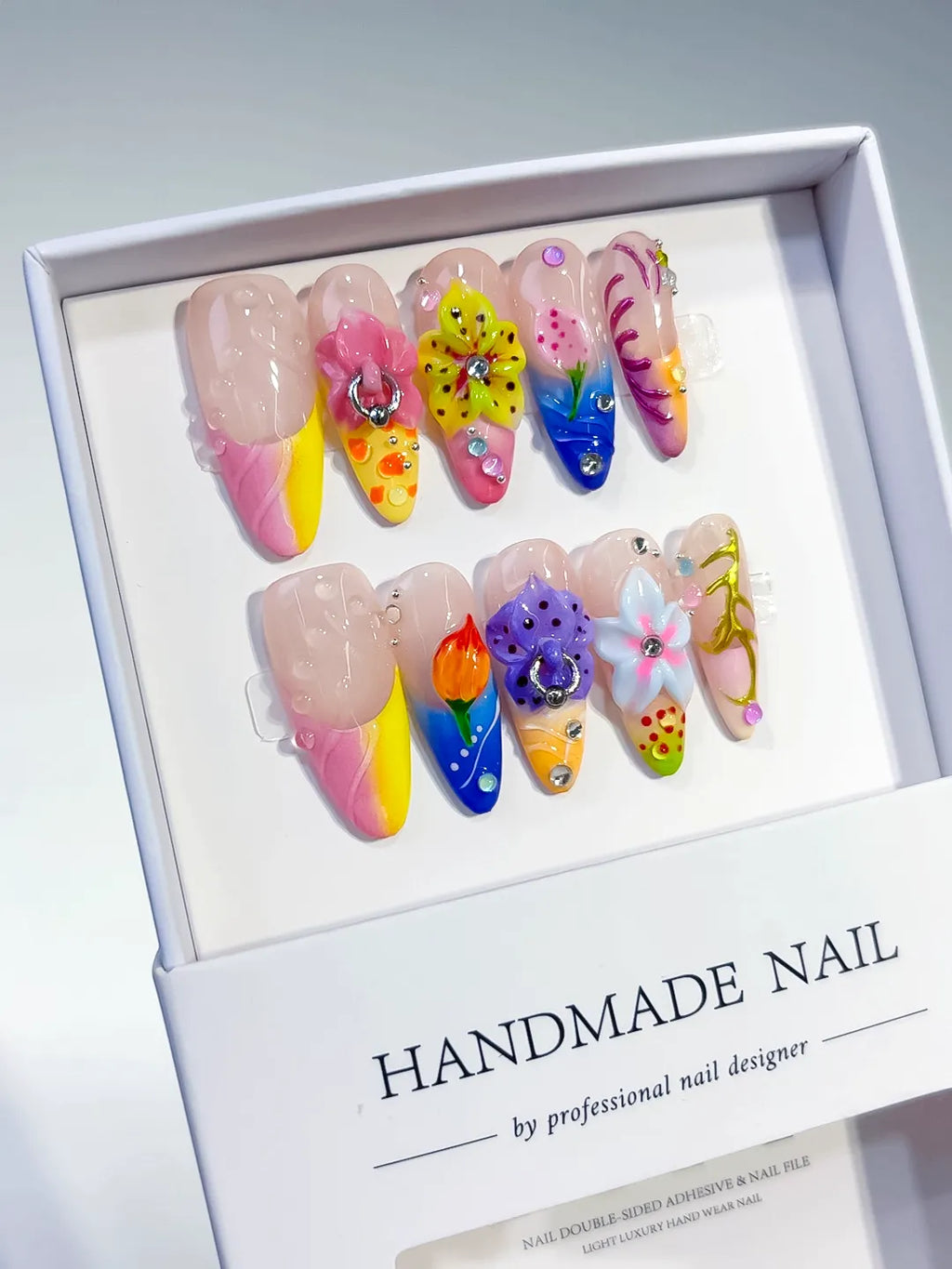 Pink Yellow Blue White Abstract Flower 3D press on nails angled view