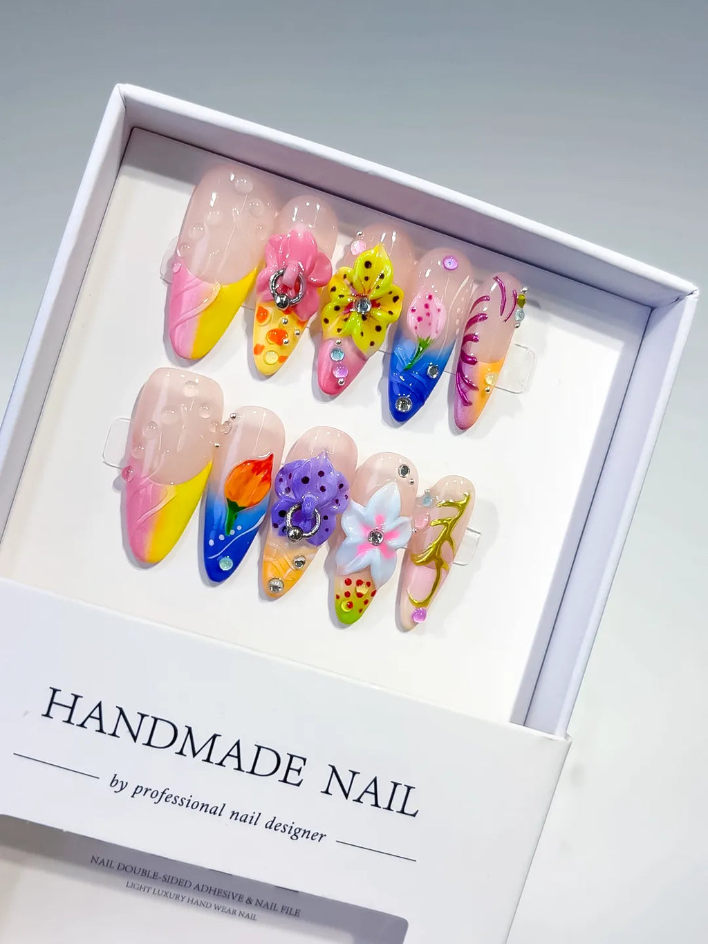 Pink Yellow Blue White Abstract Flower 3D press on nails
