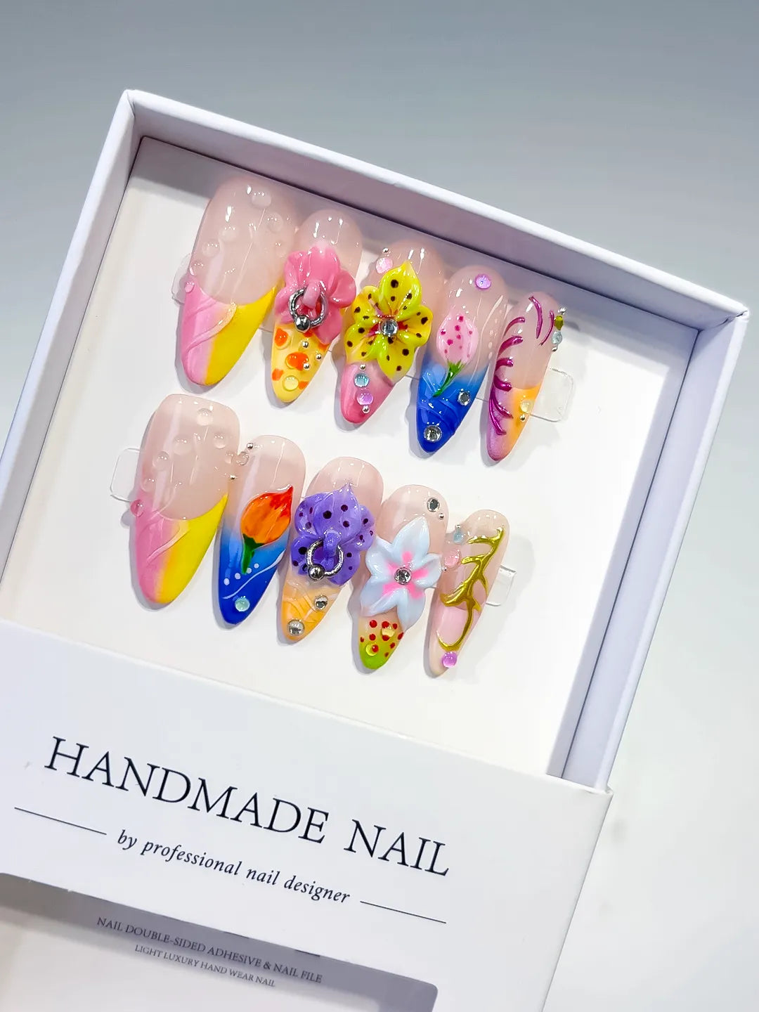Pink Yellow Blue White Abstract Flower 3D press on nails