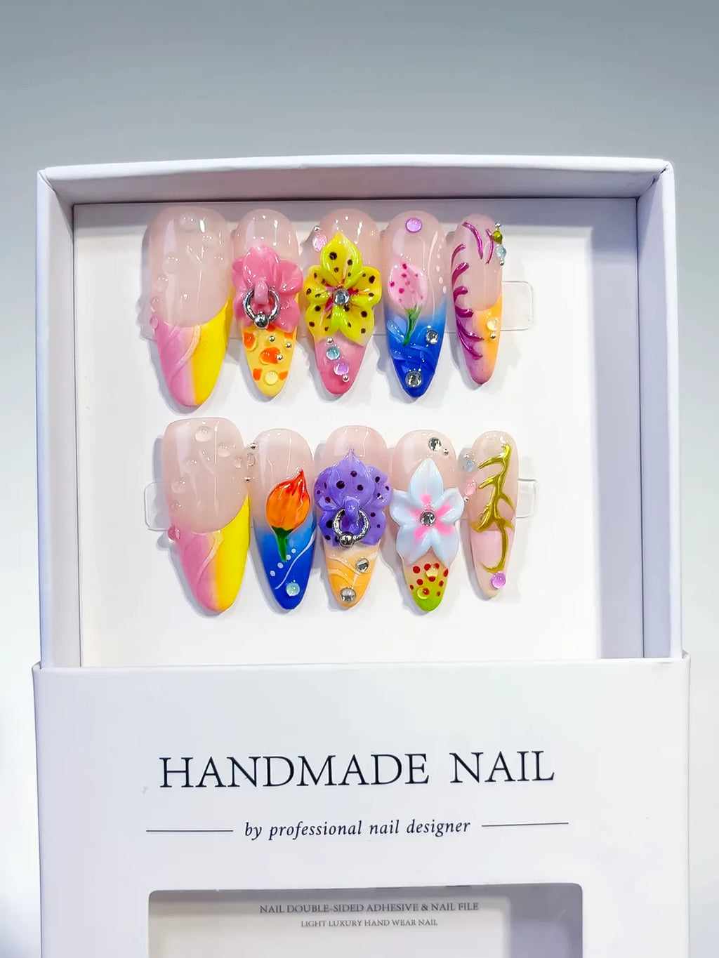 Pink Yellow Blue White Abstract Flower 3D press on nails full set view