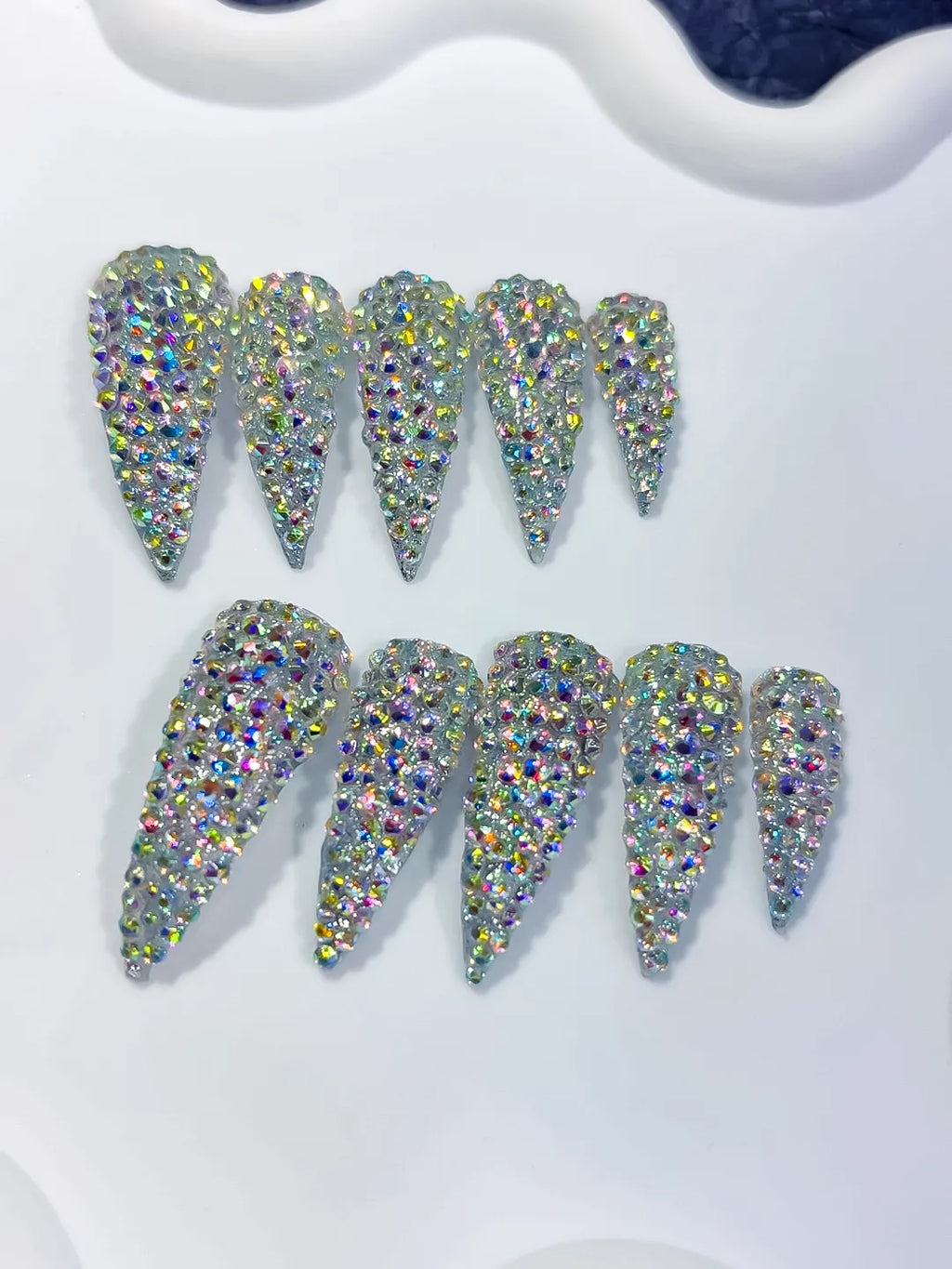 Silver Multicolor Solid color Rhinestone Crystal Cluster press on nails close up
