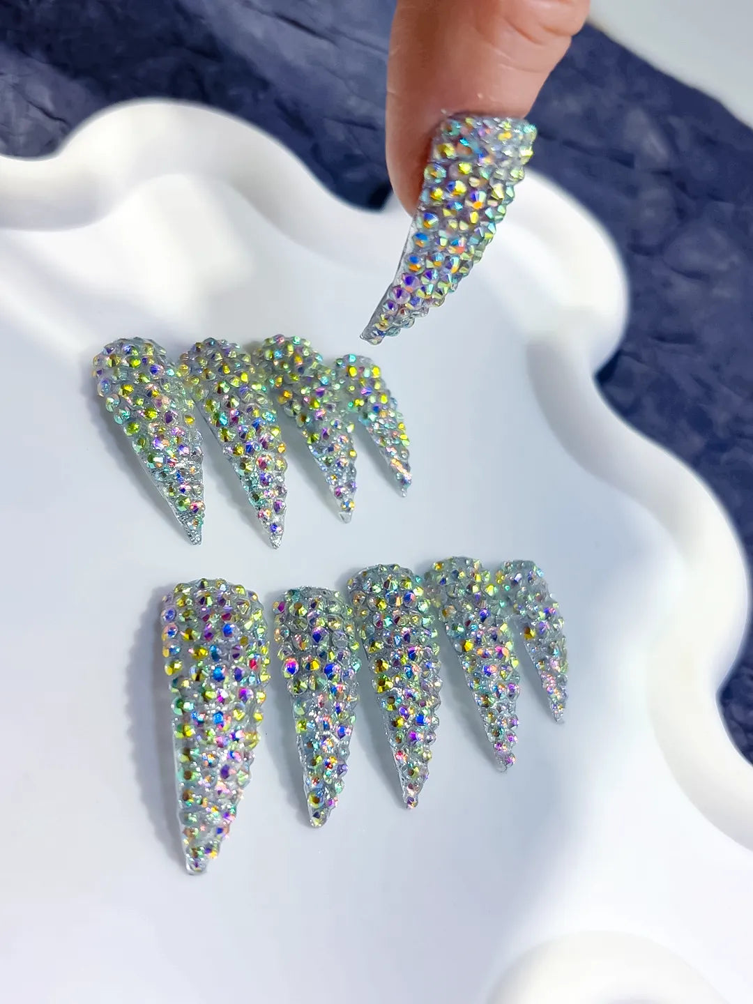 Silver Multicolor Solid color Rhinestone Crystal Cluster press on nails detail view