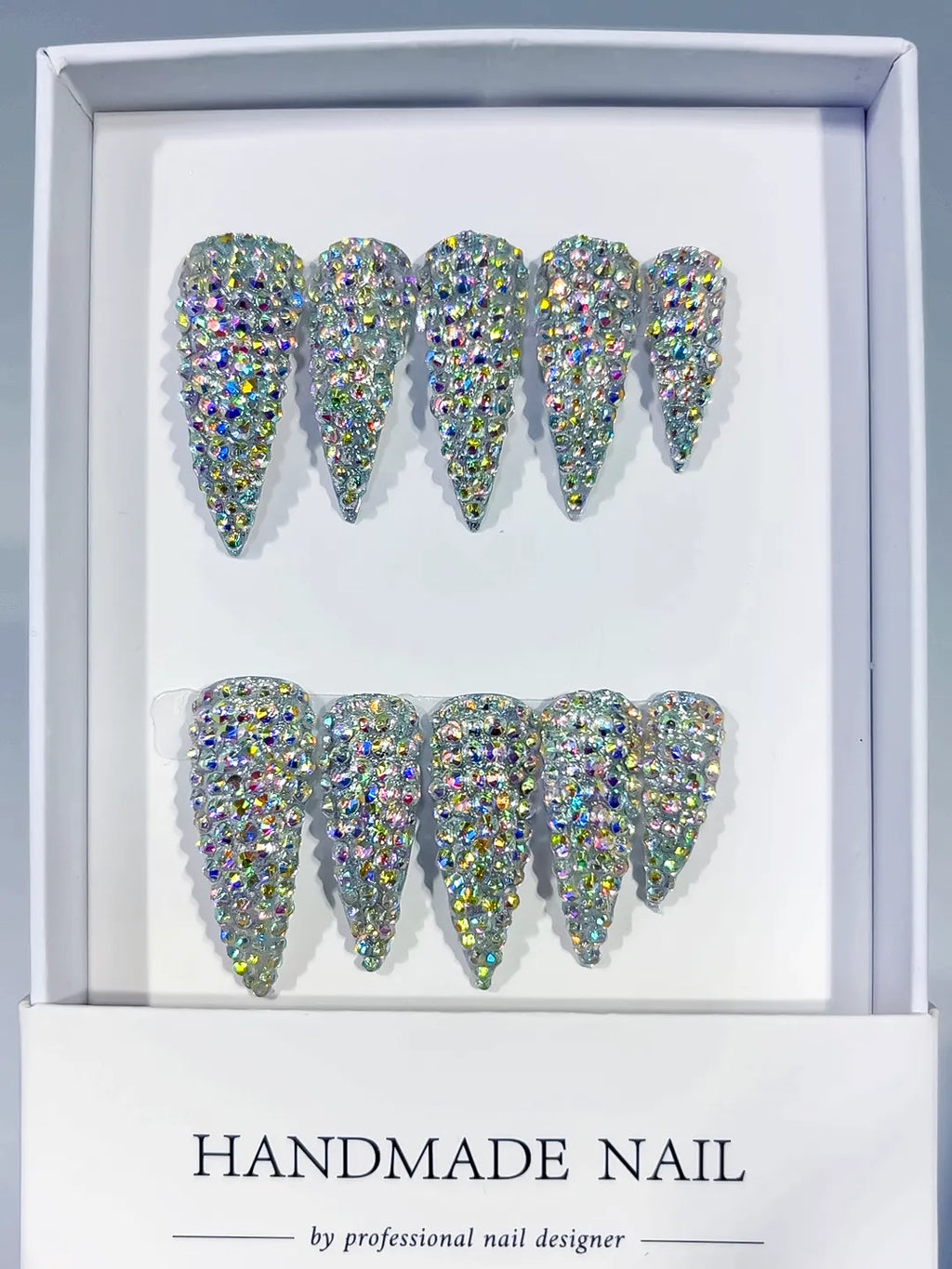 Silver Multicolor Solid color Rhinestone Crystal Cluster press on nails full set view