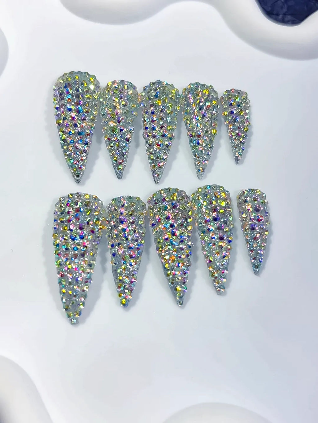 Silver Multicolor Solid color Rhinestone Crystal Cluster press on nails detail view