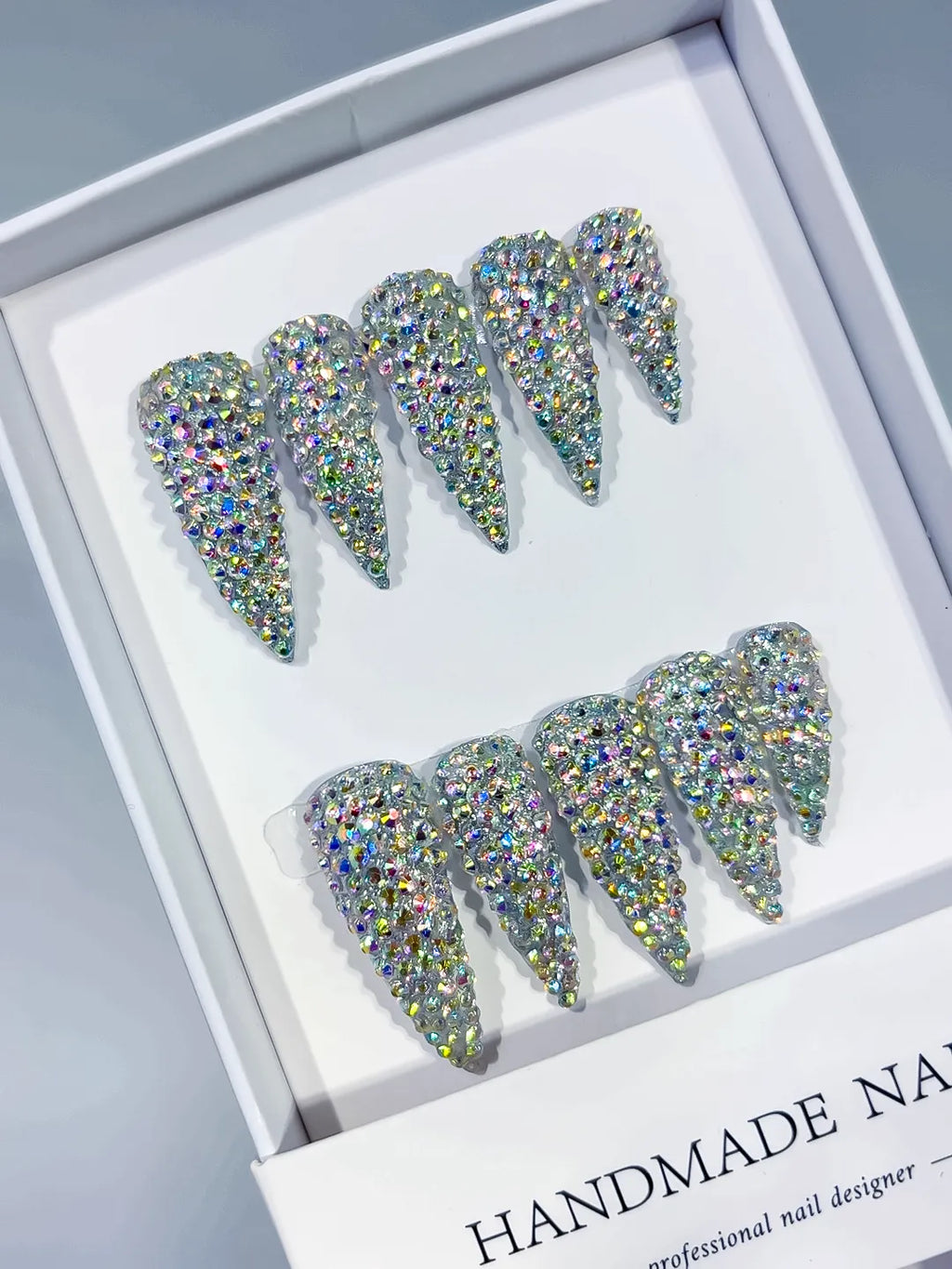 Silver Multicolor Solid color Rhinestone Crystal Cluster press on nails angled view