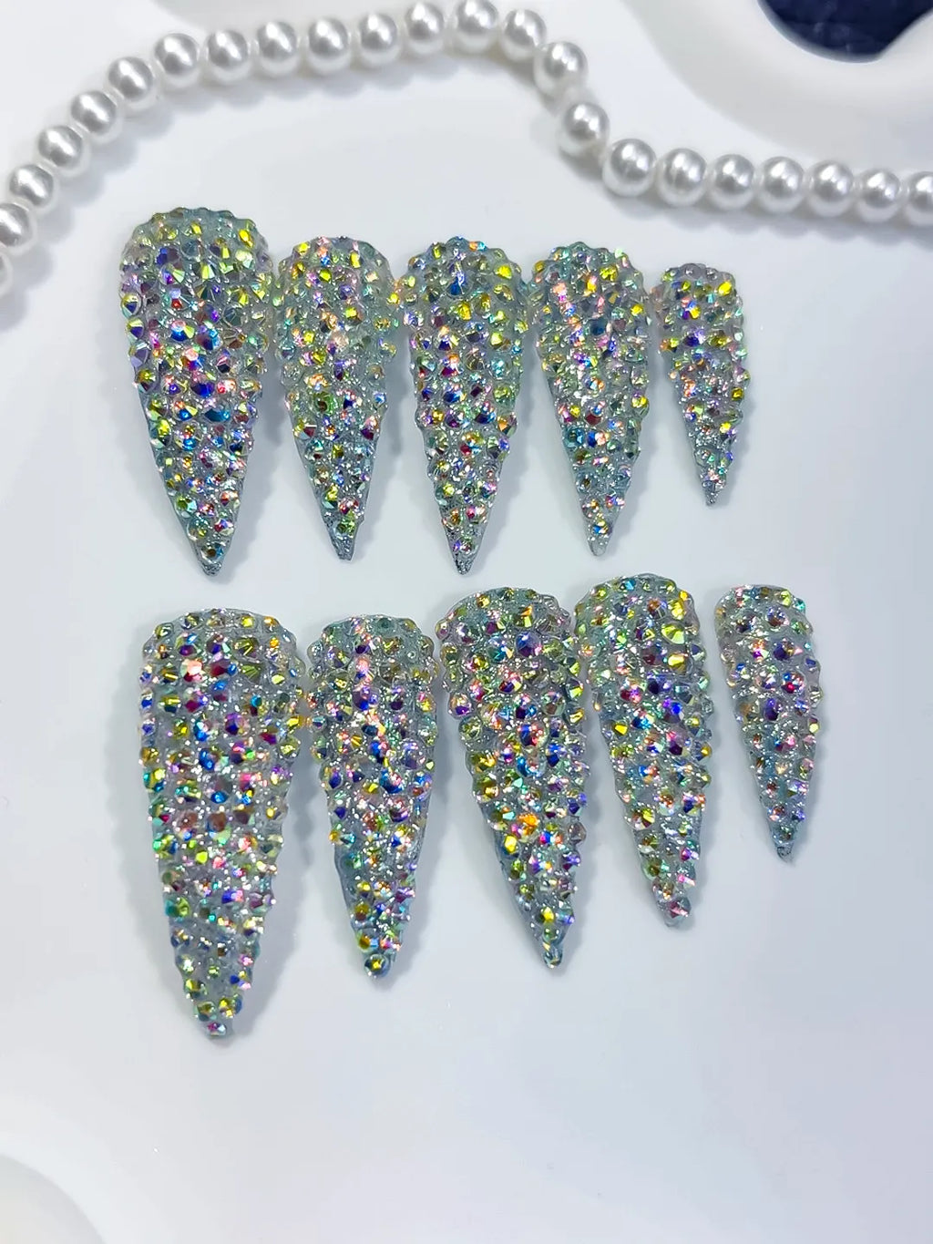Silver Multicolor Solid color Rhinestone Crystal Cluster press on nails detail view