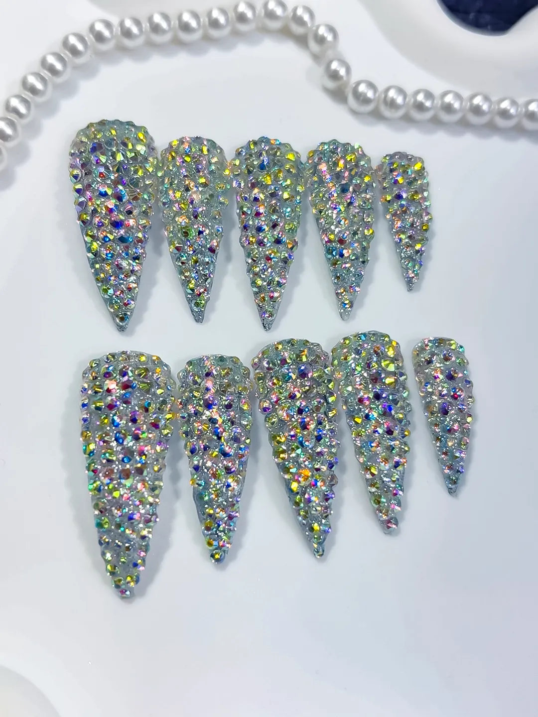 Silver Multicolor Solid color Rhinestone Crystal Cluster press on nails detail view