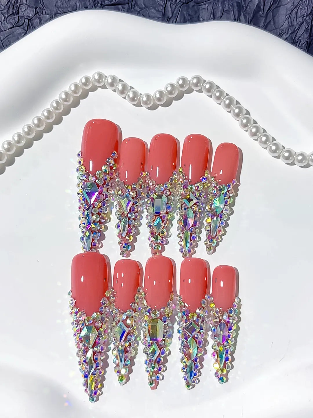 Orange Silver Multicolor Solid color Rhinestone Crystal Cluster press on nails detail view