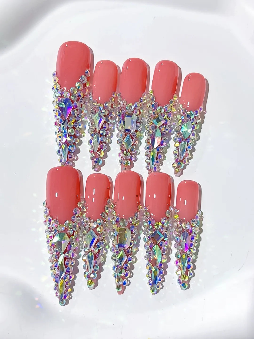 Orange Silver Multicolor Solid color Rhinestone Crystal Cluster press on nails detail view