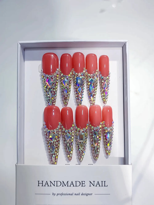 Orange Silver Multicolor Solid color Rhinestone Crystal Cluster press on nails full set view