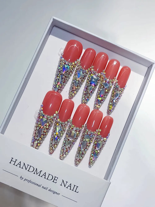 Orange Silver Multicolor Solid color Rhinestone Crystal Cluster press on nails