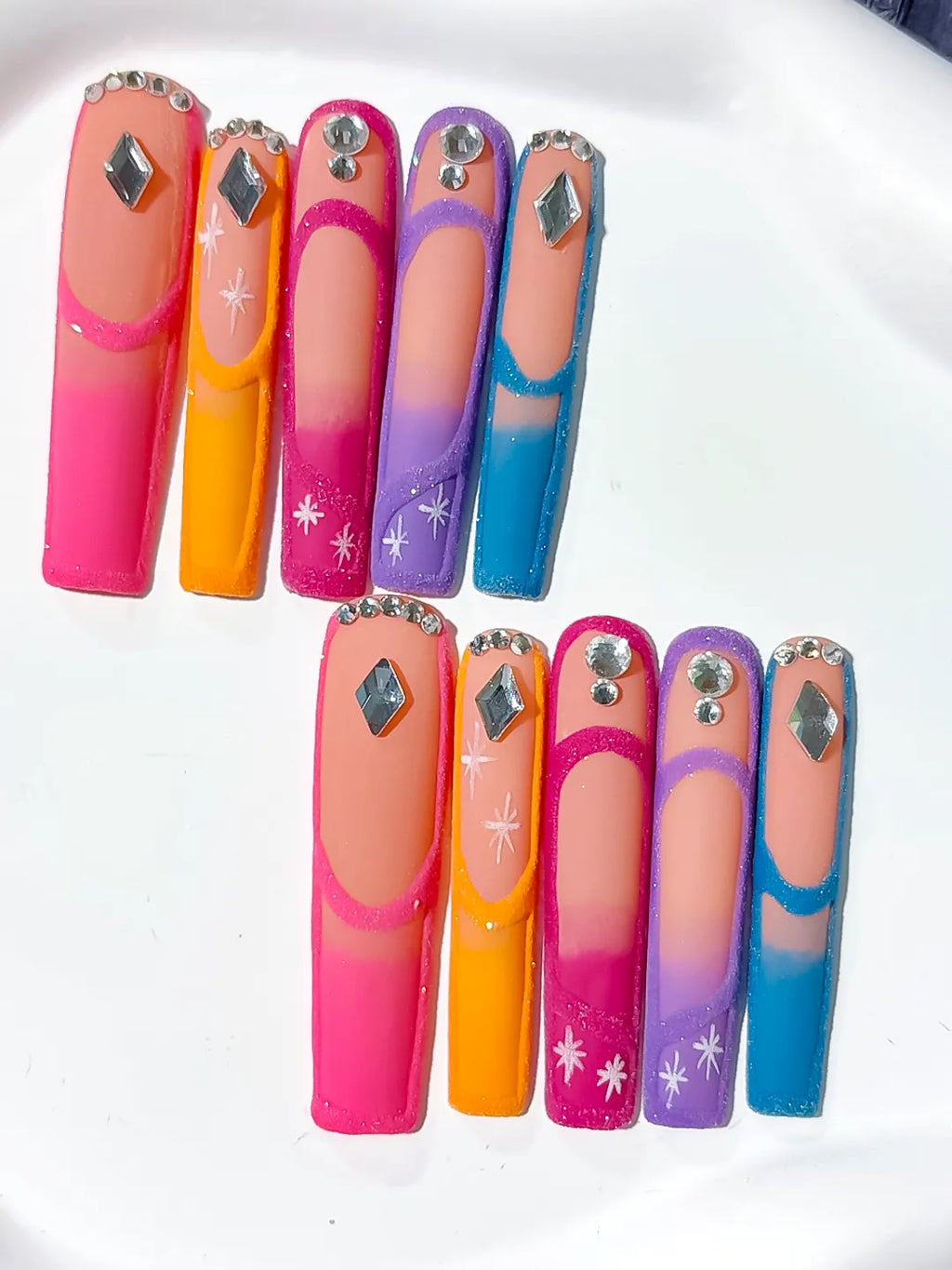 Pink Orange Purple Blue Nude Silver Abstract Rhinestone Starburst press on nails detail view