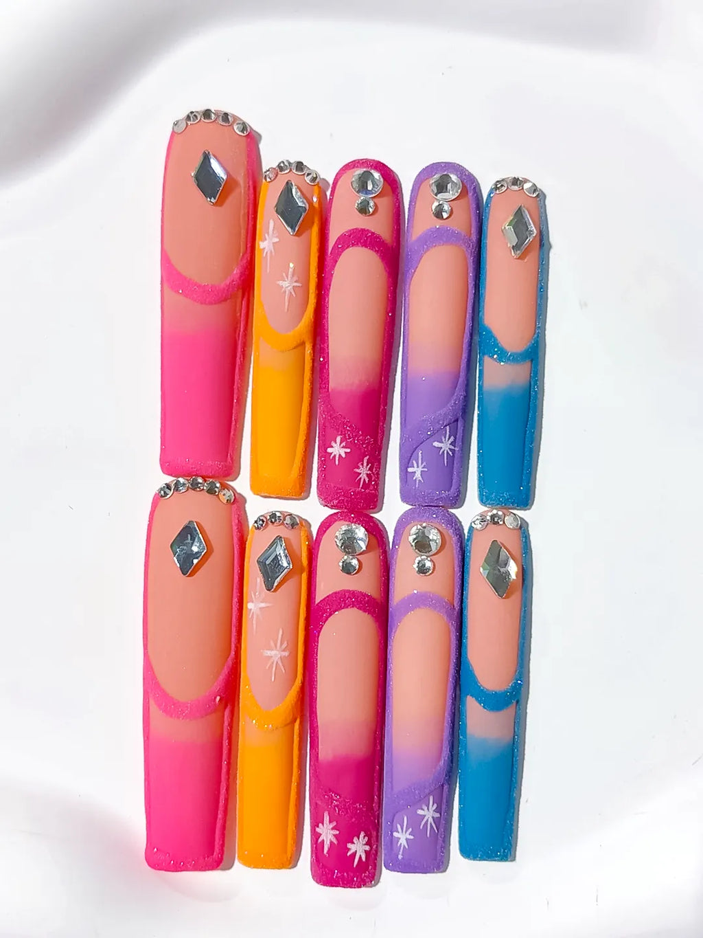 Pink Orange Purple Blue Nude Silver Abstract Rhinestone Starburst press on nails detail view